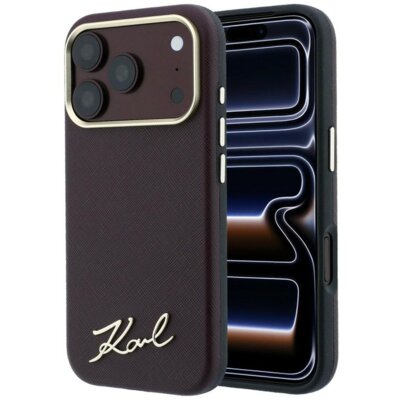 Etui KARL LAGERFELD Saffiano Small Script Metal Logo MagSafe do Apple iPhone 17 Pro/18 Pro Burgundowy