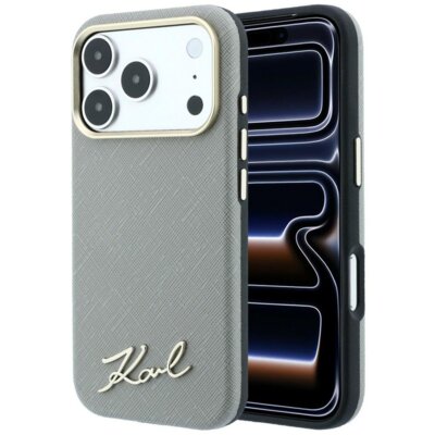 Etui KARL LAGERFELD Saffiano Small Script Metal Logo MagSafe do Apple iPhone 17 Pro Max/18 Pro Max Beżowy