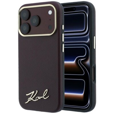 Etui KARL LAGERFELD Saffiano Small Script Metal Logo MagSafe do Apple iPhone 17 Pro Max/18 Pro Max Burgundowy