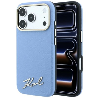 Etui KARL LAGERFELD Saffiano Small Script Metal Logo MagSafe do Apple iPhone 17 Pro Max/18 Pro Max Jasnoniebieski