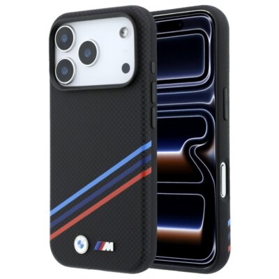 Etui BMW M Quadrille Kevlar Print Tricolor Lines & Metal Logo MagSafe do Apple iPhone 17 Pro/18 Pro Czarny