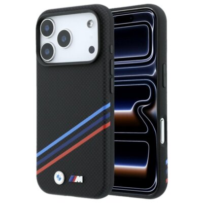 Etui BMW M Quadrille Kevlar Print Tricolor Lines & Metal Logo MagSafe do Apple iPhone 17 Pro Max/18 Pro Max Czarny