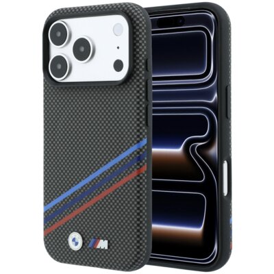 Etui BMW M Quadrille Kevlar Print Tricolor Lines & Metal Logo MagSafe do Apple iPhone 17 Pro Max/18 Pro Max Antracytowy