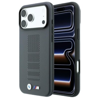 Etui BMW M Blue Perfo Metal Logo MagSafe do Apple iPhone 17 Pro/18 Pro Szary