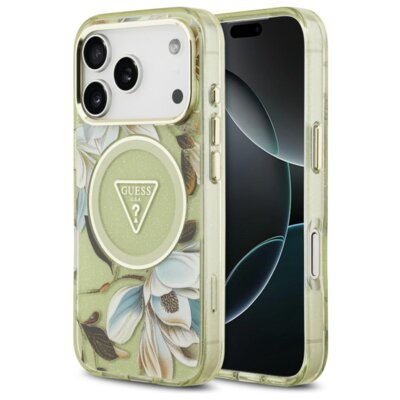 Etui GUESS IML Glitter Flowers Triangle MagSafe do Apple iPhone 17 Pro Max/18 Pro Max Zielony
