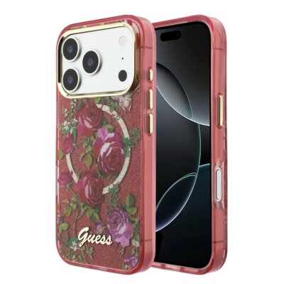 Etui GUESS IML Glitter Blossom Roses MagSafe do Apple iPhone 17 Pro/18 Pro Burgundowy