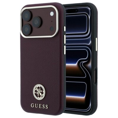 Etui GUESS Grained Round Strass Logo MagSafe do Apple iPhone 17 Pro Max/18 Pro Max Burgundowy