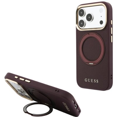 Etui GUESS Ring Stand 360 Grained Classic Logo MagSafe do Apple iPhone 17 Pro Max/18 Pro Max Burgundowy