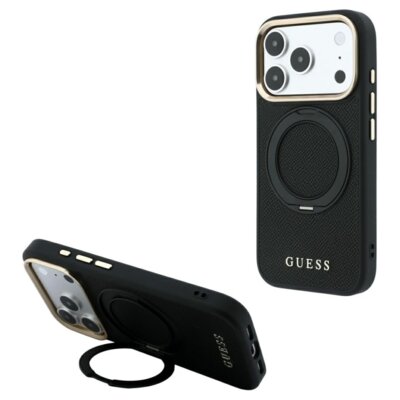 Etui GUESS Ring Stand 360 Grained Classic Logo MagSafe do Apple iPhone 17 Pro Max/18 Pro Max Czarny