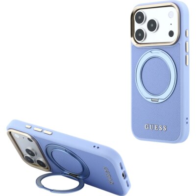 Etui GUESS Ring Stand 360 Grained Classic Logo MagSafe do Apple iPhone 17 Pro Max/18 Pro Max Jasnoniebieski