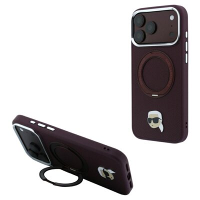Etui KARL LAGERFELD 360 Karl Head Pin MagSafe do Apple iPhone 17 Pro/18 Pro Burgundowy