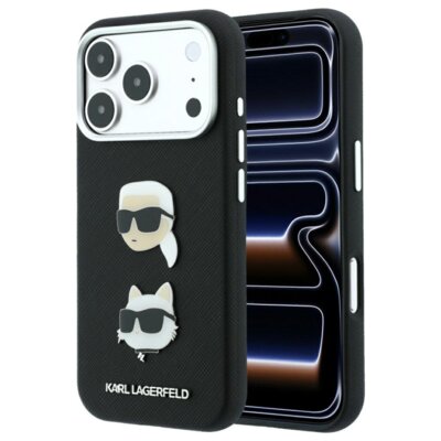 Etui KARL LAGERFELD Saffiano with Karl & Choupette Heads Pins & Logo do Apple iPhone 17 Pro/18 Pro Czarny