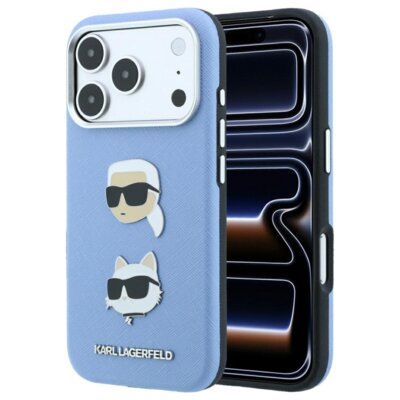 Etui KARL LAGERFELD Saffiano with Karl & Choupette Heads Pins & Logo do Apple iPhone 17 Pro Max/18 Pro Max Jasnoniebieski
