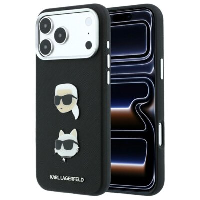 Etui KARL LAGERFELD Saffiano with Karl & Choupette Heads Pins & Logo do Apple iPhone 17 Pro Max/18 Pro Max Czarny