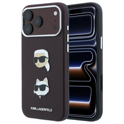 Etui KARL LAGERFELD Saffiano with Karl & Choupette Heads Pins & Logo do Apple iPhone 17 Pro/18 Pro Burgundowy
