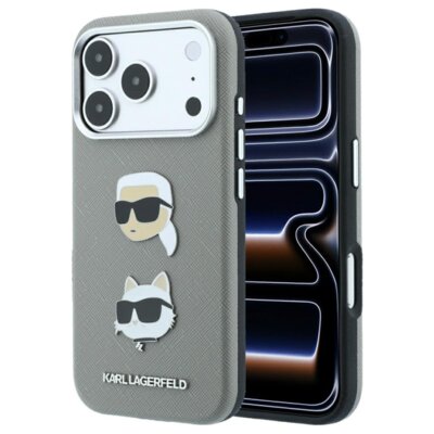 Etui KARL LAGERFELD Saffiano with Karl & Choupette Heads Pins & Logo do Apple iPhone 17 Pro Max/18 Pro Max Szary