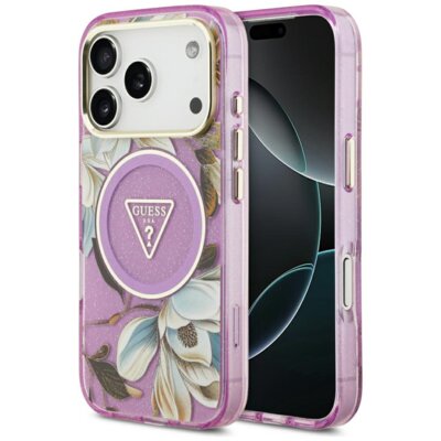 Etui GUESS IML Glitter Flowers Triangle MagSafe do Apple iPhone 17 Pro/18 Pro Fioletowy