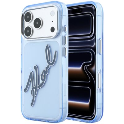 Etui KARL LAGERFELD IML Big Signature Resin Metal Frame do Apple iPhone 17 Pro/18 Pro Niebieski