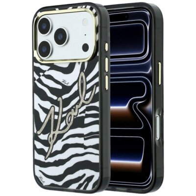 Etui KARL LAGERFELD IML Signature Zebra Glitter MagSafe do Apple iPhone 17 Pro Max/18 Pro Max Czarno-biały