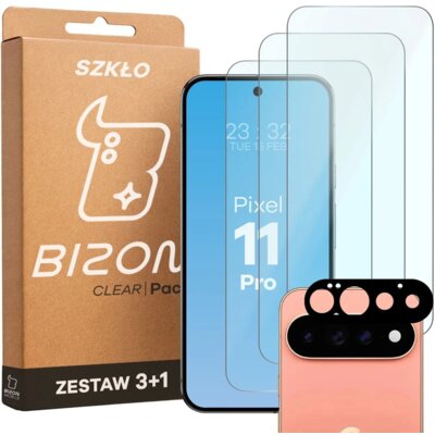 Szkło hartowane BIZON Glass Clear Pack do Google Pixel 11 Pro (3 szt.) + Nakładka na obiektyw