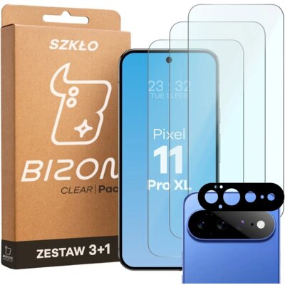 Szkło hartowane BIZON Glass Clear Pack do Google Pixel 11 Pro XL (3 szt.) + Nakładka na obiektyw