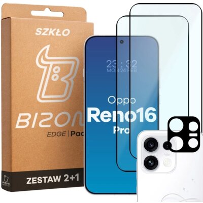 Szkło hartowane BIZON Glass Edge Pack do Oppo Reno 16 Pro (2 szt.) + Nakładka na aparat