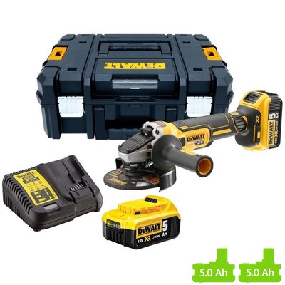 Szlifierka kątowa akumulatorowa DEWALT DCG405P2 + Zestaw startowy (2x aku 5Ah, ładowarka) + walizka + osprzęt