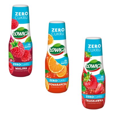 Syrop do saturatorów ŁOWICZ Malina 500 ml bez cukru + Syrop do herbaty ŁOWICZ Pomarańcza Zero Cukru 400 ml + Syrop do herbaty ŁOWICZ Truskawka Zero Cukru 400 ml