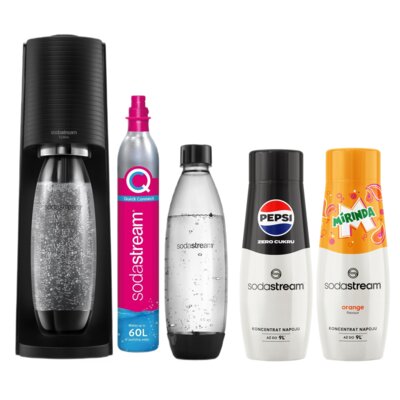 Saturator SODASTREAM Terra Czarny + 2 butelki + Syrop do saturatorów SODASTREAM Pepsi Zero 440 ml bez cukru + Syrop do saturatorów SODASTREAM Mirinda 440 ml