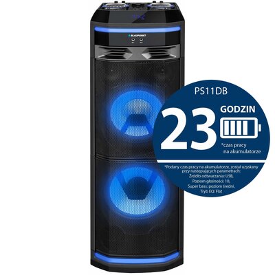 Power Audio BLAUPUNKT PS11DB, 1200W, Bluetooth, Bateria 23 godziny, Dwa bezprzewodowe mikrofony w zestawie, Tuner FM