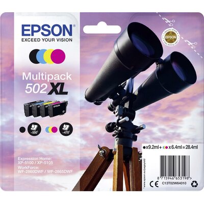 Zestaw tuszów EPSON 502XL Czarny 9.2 ml, Błękitny 6.4 ml, Purpurowy 6.4 ml, Żółty 6.4 ml C13T02W64010