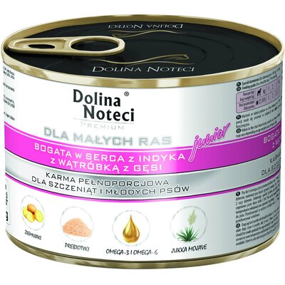 Karma dla psa DOLINA NOTECI Premium Junior bogata w serca z indyka z wątróbką z gęsi 185 g
