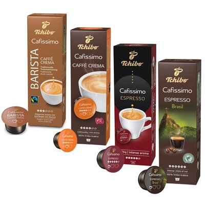 Zestaw kapsułek TCHIBO - Cafissimo Cafe Crema Rich Aroma + Cafissimo Barista Caffe Crema + Cafissimo Espresso Intense Aroma + Espresso Brasil Beleza