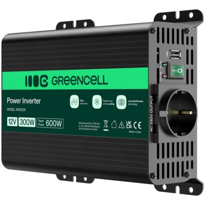Przetwornica GREENCELL Pro 12V na 230V 300W/600W Czysta sinusoida