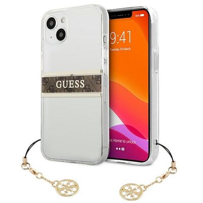 Etui GUESS 4G Stripe Brown Charm do Apple iPhone 13 Mini Przezroczysty