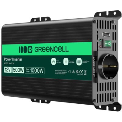 Przetwornica GREENCELL Pro 12V na 230V 500W/1000W Czysta sinusoida