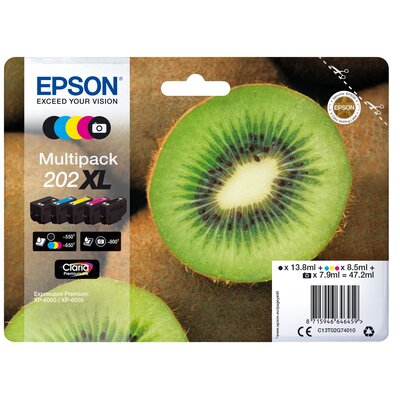 Zestaw tuszów EPSON 202XL Czarny 13.8 ml, Błękitny 8.5 ml, Purpurowy 8.5 ml, Żółty 8.5 ml, Czarny fotograficzny 7.9 ml C13T02G74010