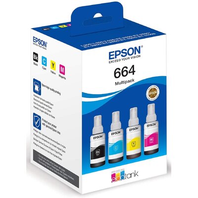 Zestaw tuszów EPSON EcoTank 664 Czarny 70 ml, Błękitny 70 ml, Purpurowy 70 ml, Żółty 70 ml C13T66464A