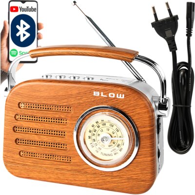 Radio BLOW RA3 Brązowe, Styl Retro, Analogowe, Tuner FM/AM, Bluetooth, Wejście USB/micro SD, Zasilanie Bateryjno-Sieciowe