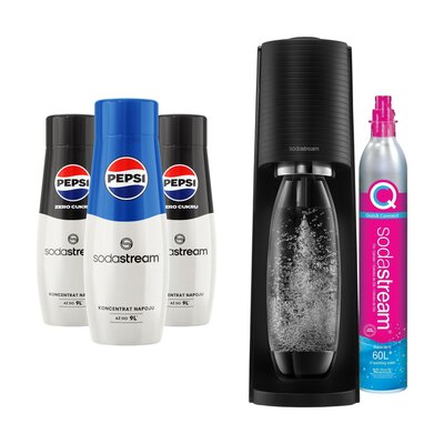 Saturator SODASTREAM Terra Czarny + Syrop do saturatorów SODASTREAM Pepsi Zero Cukru 2 x 440 ml + Syrop do saturatorów SODASTREAM Pepsi 440 ml