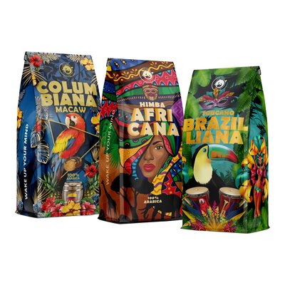 Kawa ziarnista BLUE ORCA COFFEE Brazilliana Toucano 1 kg + Kawa ziarnista BLUE ORCA COFFEE Columbiana Macaw 1 kg + Kawa ziarnista BLUE ORCA COFFEE Africana Himba 1 kg