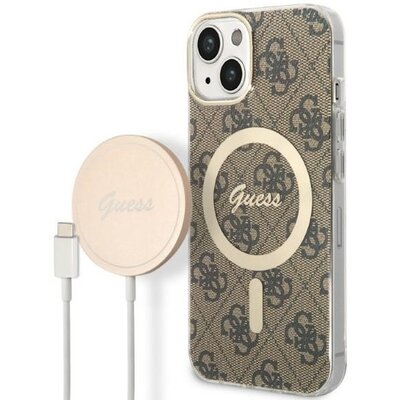 Etui GUESS 4G Print do Apple iPhone 14 Brązowy + Ładowarka MagSafe