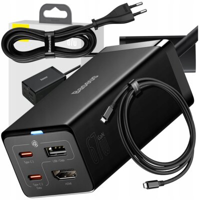 Ładowarka Z HDMI Baseus GAN Szybka Listwa Zasilająca 67W USB 2X USB-C Kabel