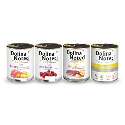 Karma dla psa DOLINA NOTECI Premium bogata w kurczaka, dziczyznę, gęś z jabłkiem, indyka z ziemniakami 4 x 800 g