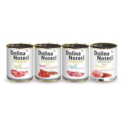 Karma dla psa DOLINA NOTECI Premium Pure bogata w jagnięcinę, kaczkę, kurczaka z ryżem, wołowinę z ryżem 4 x 800 g