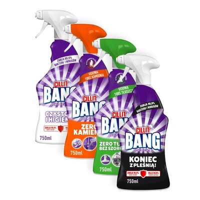 Płyn do czyszczenia łazienki CILLIT BANG Wybielanie i higiena, Kamień i brud, Power Pleśń i Czarne Osady Spray + Płyn do czyszczenia kuchni CILLIT BANG Degreaser Without Scrubbing 4 x 750ml