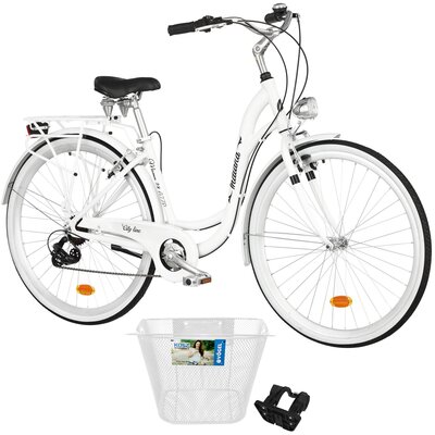 Rower miejski INDIANA Moena A7ZP 28 cali damski Biały + Koszyk na rower VÖGEL VKS-102WH Stalowy