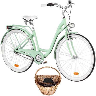Rower miejski INDIANA Moena A7B 28 cali damski Miętowy + Koszyk wiklinowy na rower VÖGEL VKS-502 Stylowy