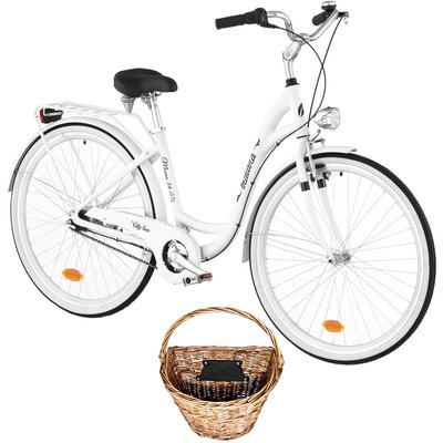 Rower miejski INDIANA Moena A7B 28 cali damski Biały + Koszyk wiklinowy na rower VÖGEL VKS-502 Stylowy