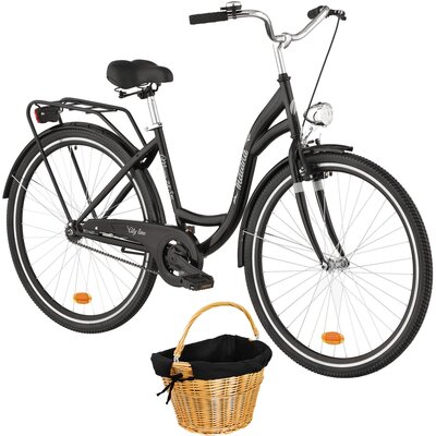 Rower miejski INDIANA Moena S1B 28 cali damski Czarny + Koszyk wiklinowy na rower VÖGEL VKS-702 Stylowy Czarny